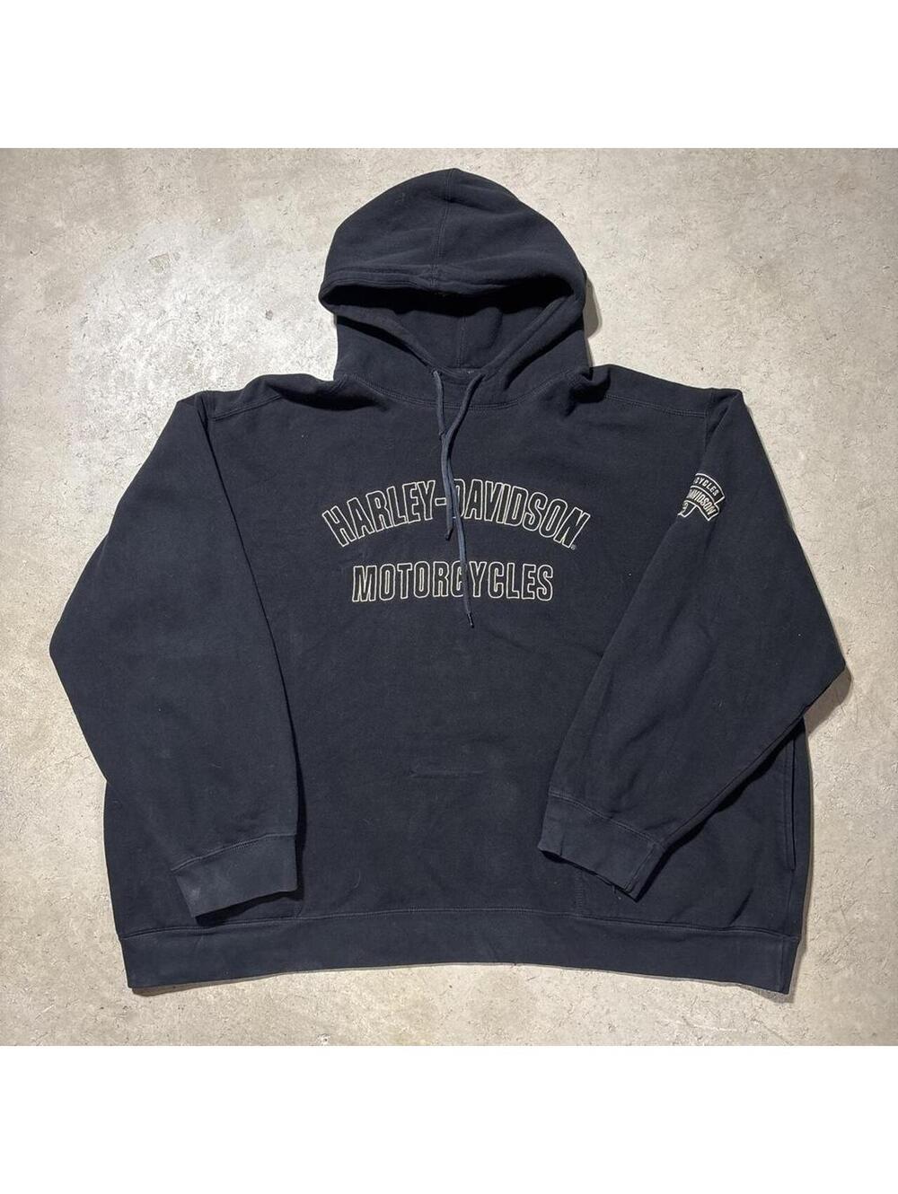 Vintage Y2K Harley Davidson Hoodie Mens 3XL Black Eagle Graphic Biker Sweatshirt